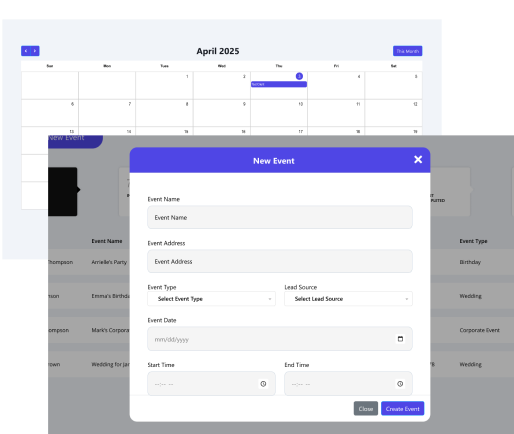 Event scheduling dashboard with calendar view and new event form interface